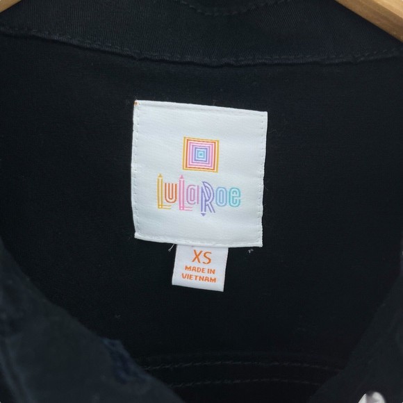 LuLaRoe Harvey Womens XS Black Stretch Jean Jacket Embroidered Red Roses Flowers - Picture 4 of 5